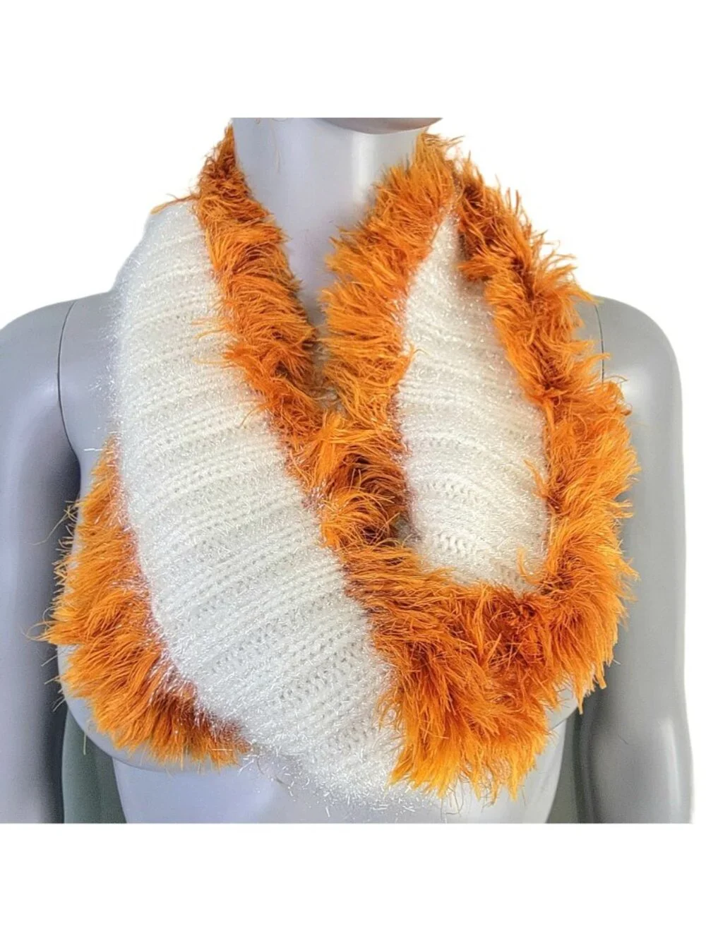 Orange Cream Fringe Cowl Women Winter Accessories Handmade Crochet Knit Scarf
